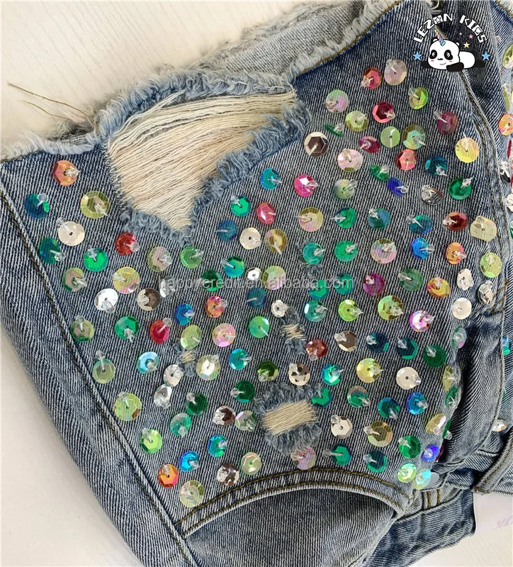 LEZONKIDS - High Street Stylish Colorful Hand Sewn Crystal Rhinestone Girls Jeans Denim Shorts